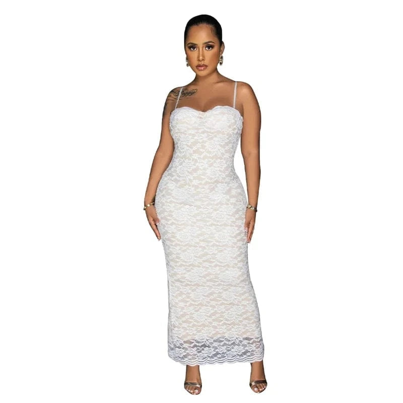 2 XL / White summer 2024 women ladies sexy sleeveless maxi long white lace fabric elegant wedding evening gown dress for women graduation