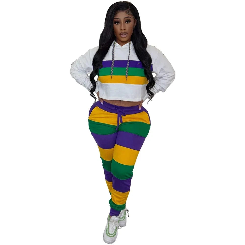 2 XL / White Women Clothing  2024 Trendy Outfits 2 Piece Spring Wear Hooded Striped Outfits Casual  Hooded Two Piece Set