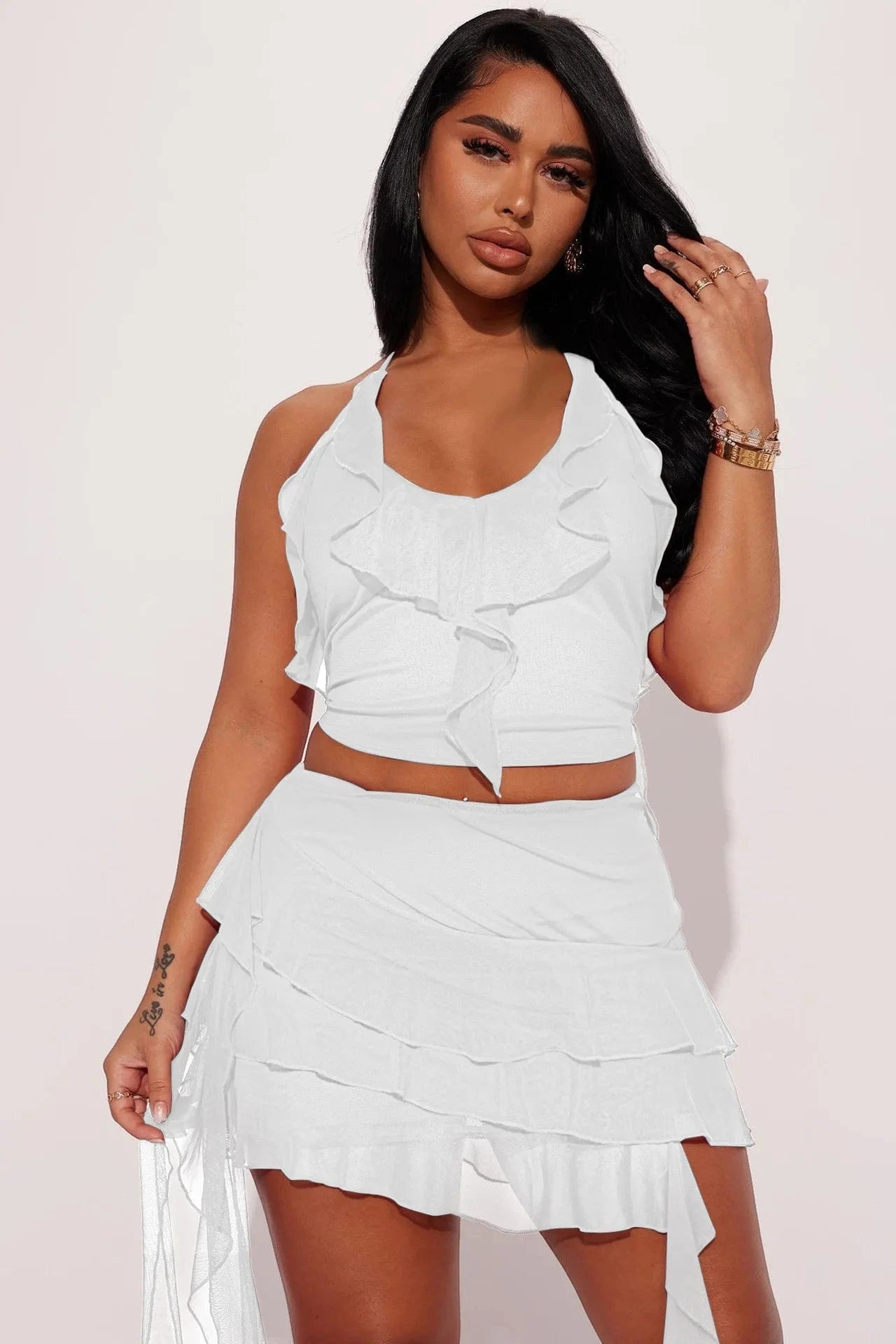 2 XL / White Women's sexy two pieces set Halter crop tops and bodycon mini dress