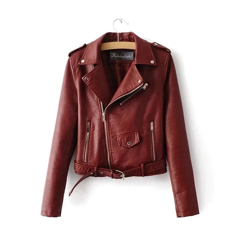 2 XL / Wine red 2024 New Fall Jacket Woman Pu Coat Asymmetrical Short Motorcycle Leather Jacket Women