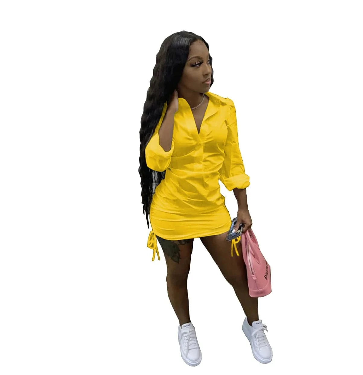 2 XL / Yellow 2024 Hot Sale Double Side Pleated One-Step Skirt Polo Collar Waist Single Breasted Long Sleeved Elastic Band Lace-Up Mini Dress