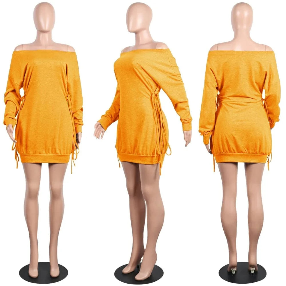 2 XL / Yellow 2024 New Spring Solid Color Bandage Casual Dress Long Sleeve Mini Dress Sexy Off Shoulder Bodycon Dresses