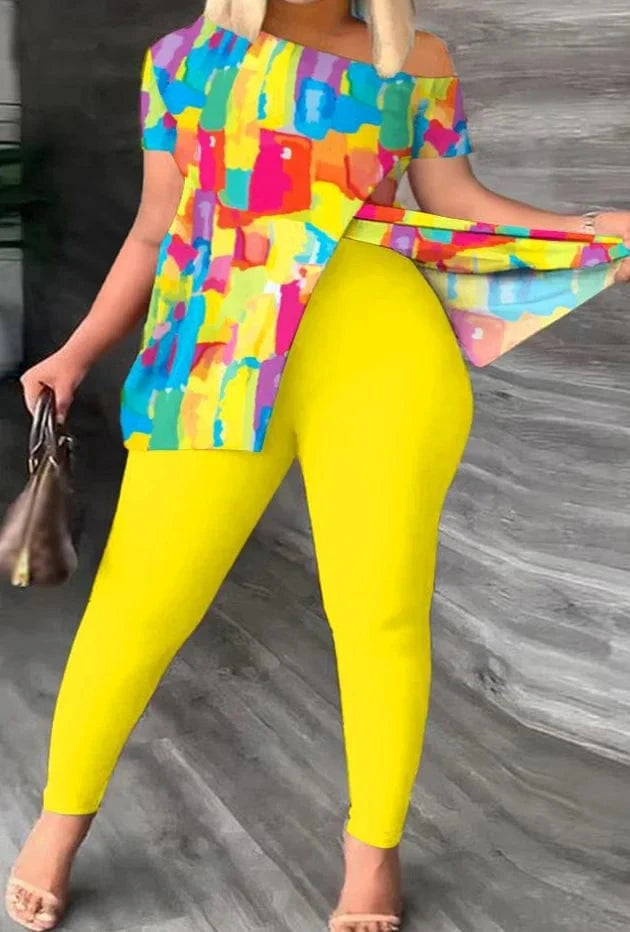 2 XL / Yellow colorful print Liu Ming Custom Logo Wholesale Women Summer Two Pieces Casual Print Tops Pants Set