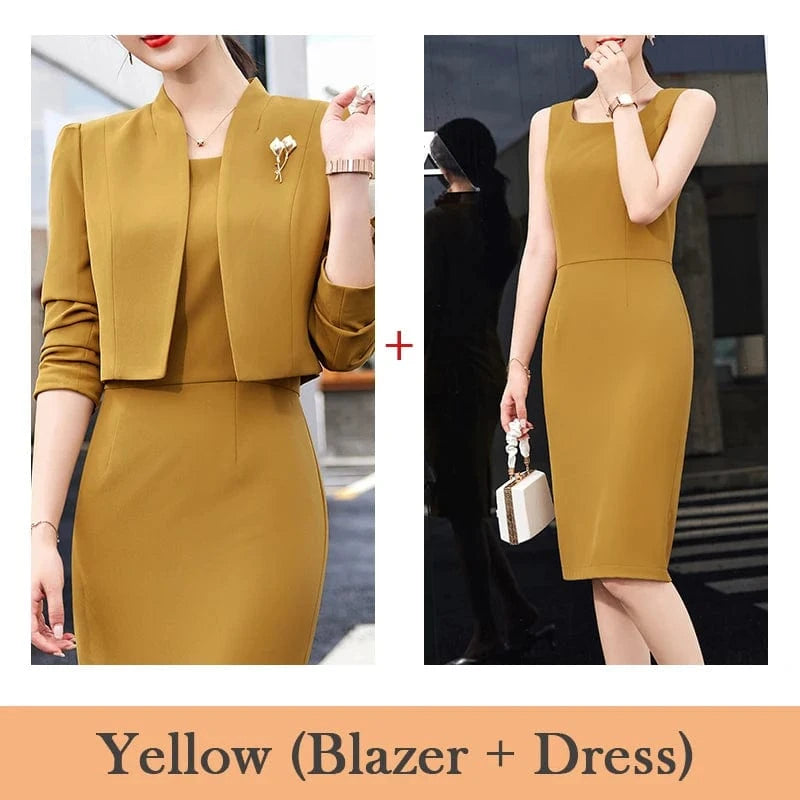 2 XL / Yellow dress suits Wholesale 2 Piece Dress Suits High quality Women Business Set Fashion Formal Lady Office Suit Short Blazer and Dress