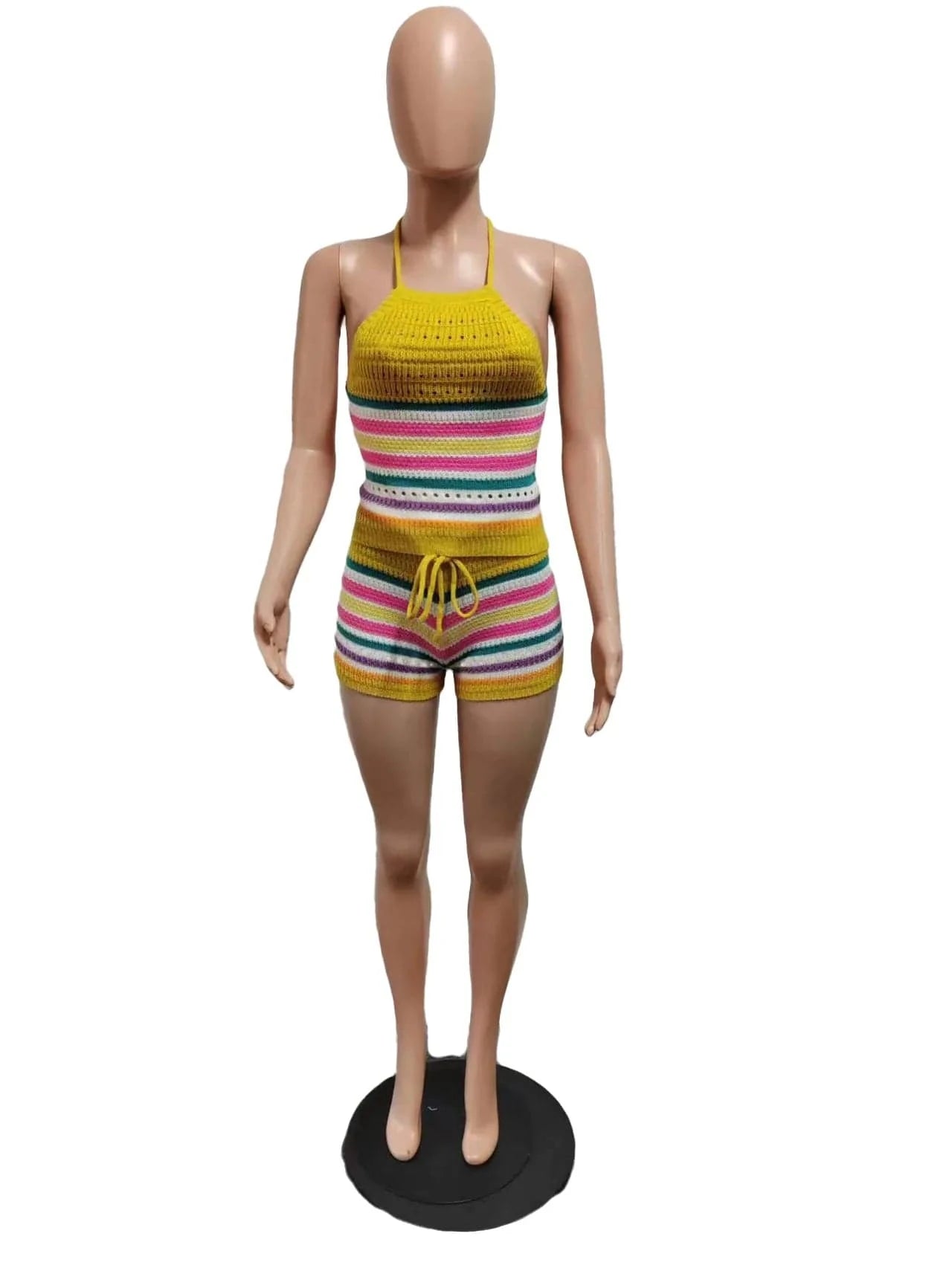 2 XL / Yellow GX8157 New 2024 Summer Unique Women Street Wear Knitted Outfit Sleeveless Strip Crop Top and Shorts Matching Suit 2 Piece Set