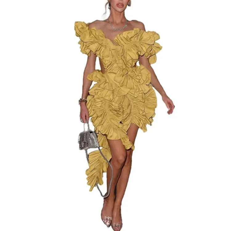2 XL / Yellow Ladies Spring Sleeveless Backless V-Neck Ruffle New Fashion Mini Dresses For Women Asymmetrical Ball Gown Evening Party Clubwear