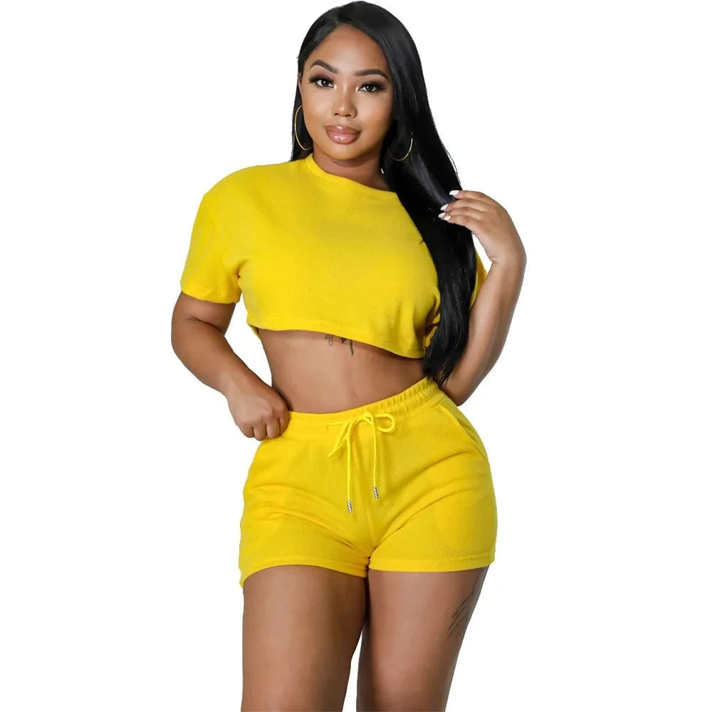 2 XL / Yellow Summer 2024 Women Clothes Leisure Sport Sexy Solid Color Two-piece Set Outfits Short Women Two Pieces Sets For Women
