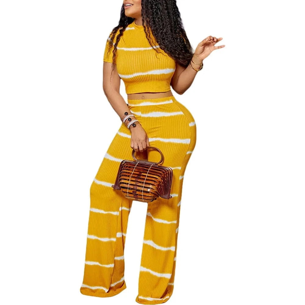 2 XL / Yellow women 2 piece sets summer 2024 Women s Sets Striped print rib knit wide leg set