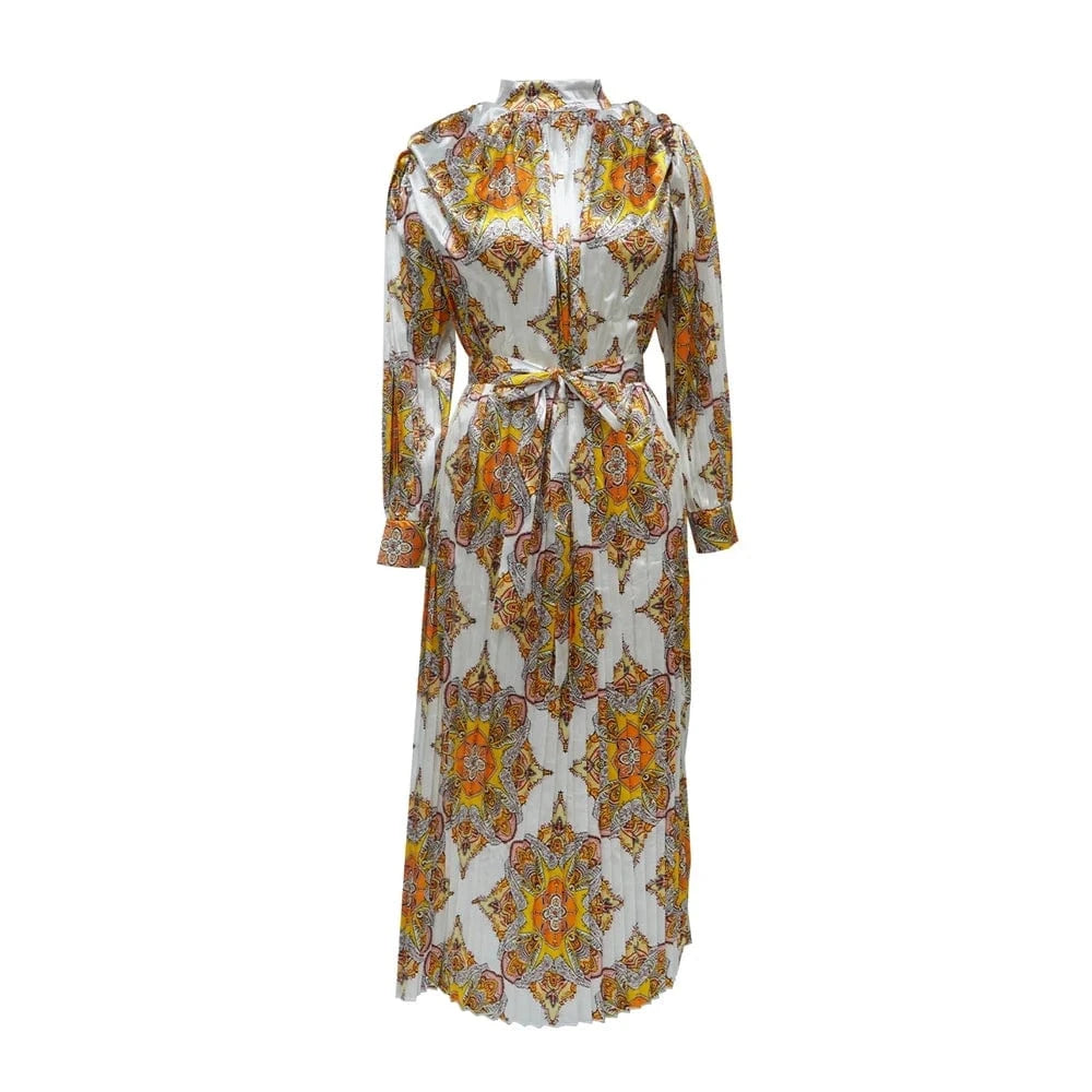 2 XL / Yellow ZHEZHE 2024 New Trendy Fashion Printed Long sleeve Pleated Dress Elegant Fall Women's Dresses Printed African Dress