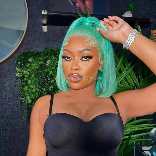 200%Density Orange Red Blue Blonde Pink Purple Mint Green Different Colored Human Hair Short Bob Glueless13X4 Lace Front Wigs