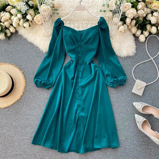 2022 Casual Summer Dress Everyday Party Dating Outfits Button Decoration Puff Long Sleeve Plain Casual Dresses