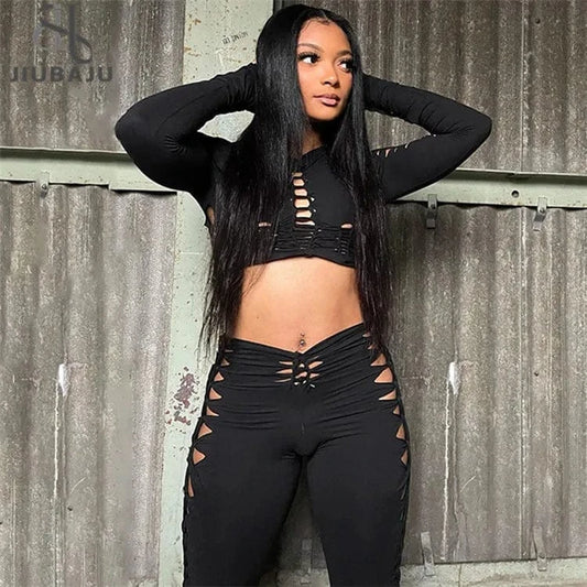 2022 Fashion Solid Long Sleeves Cut Out Crop Top Pants 2 Pcs Matching Set Fall Irregular Sexy Y2K Outfits Women