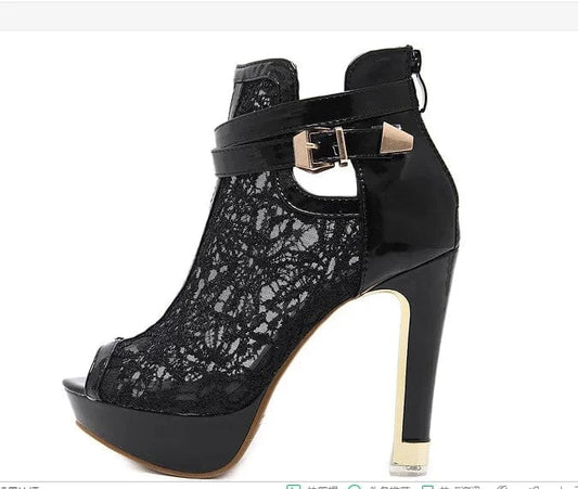 2022 Fish Mouth Lace Breathable Mesh Waterproof High Heel Short Boots For Women