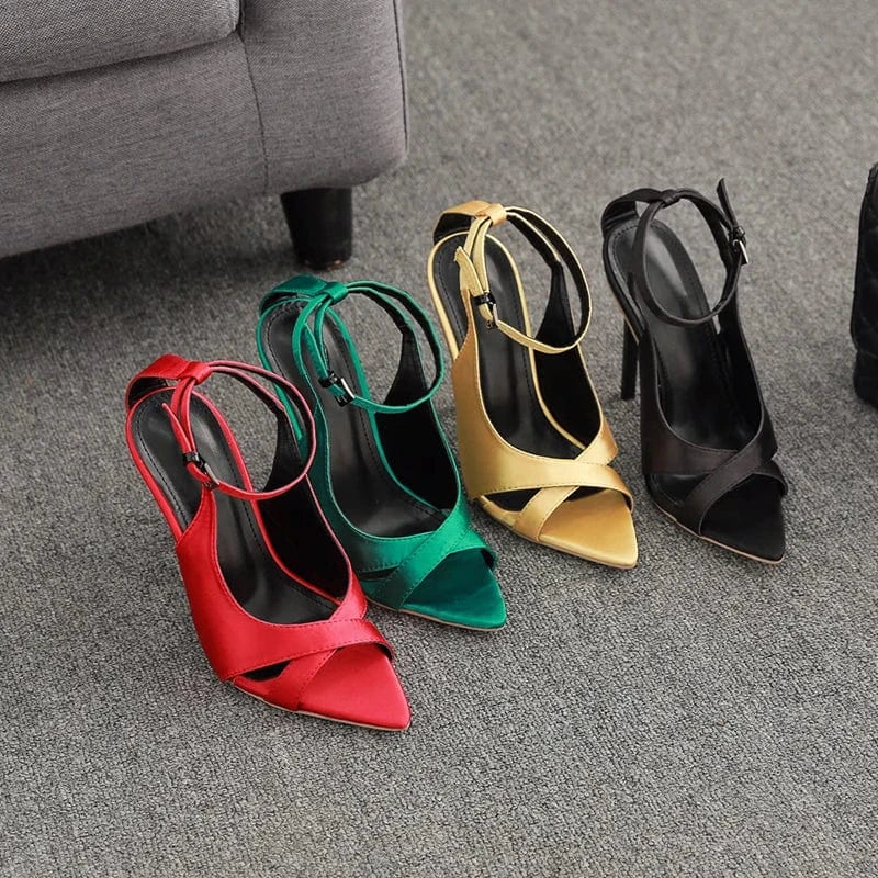 2022 latest catwalk women's shoes with satin pointed toe stiletto sandals