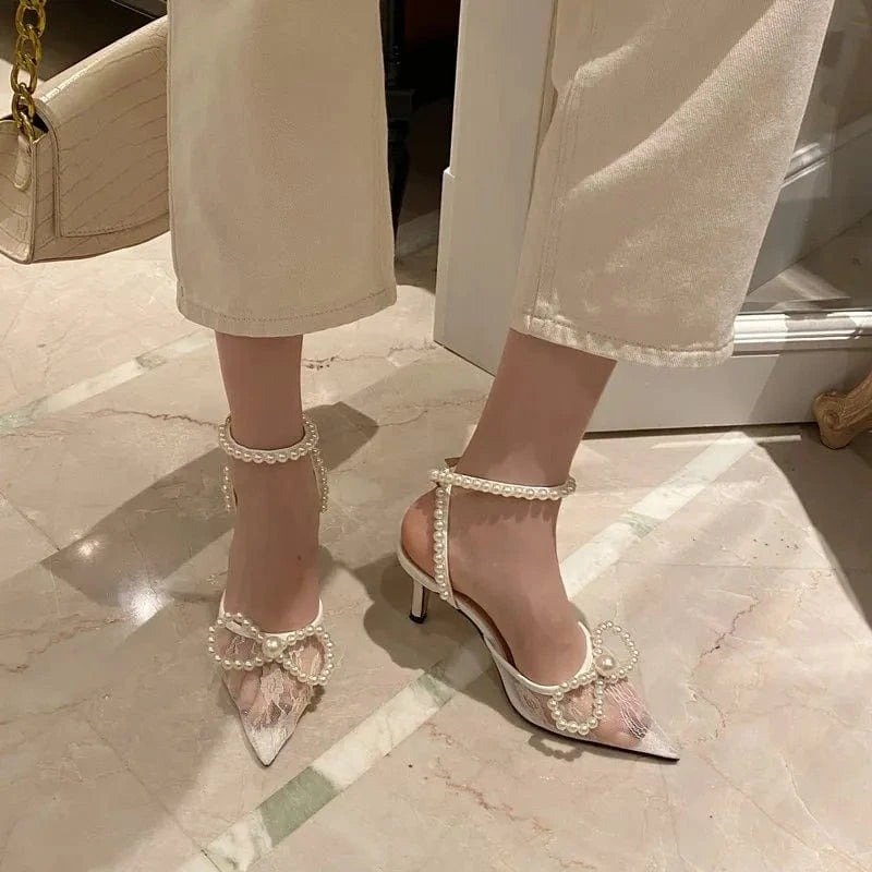 2022 luxury sandals for ladies middle heels mesh net newest pearl lace up large bowknot shoes open back shoes