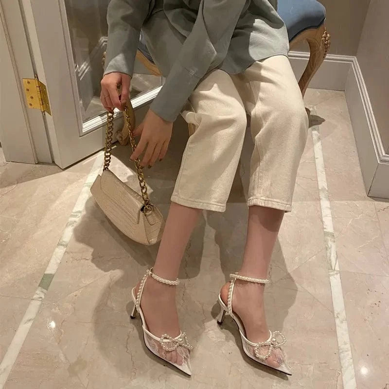 2022 luxury sandals for ladies middle heels mesh net newest pearl lace up large bowknot shoes open back shoes