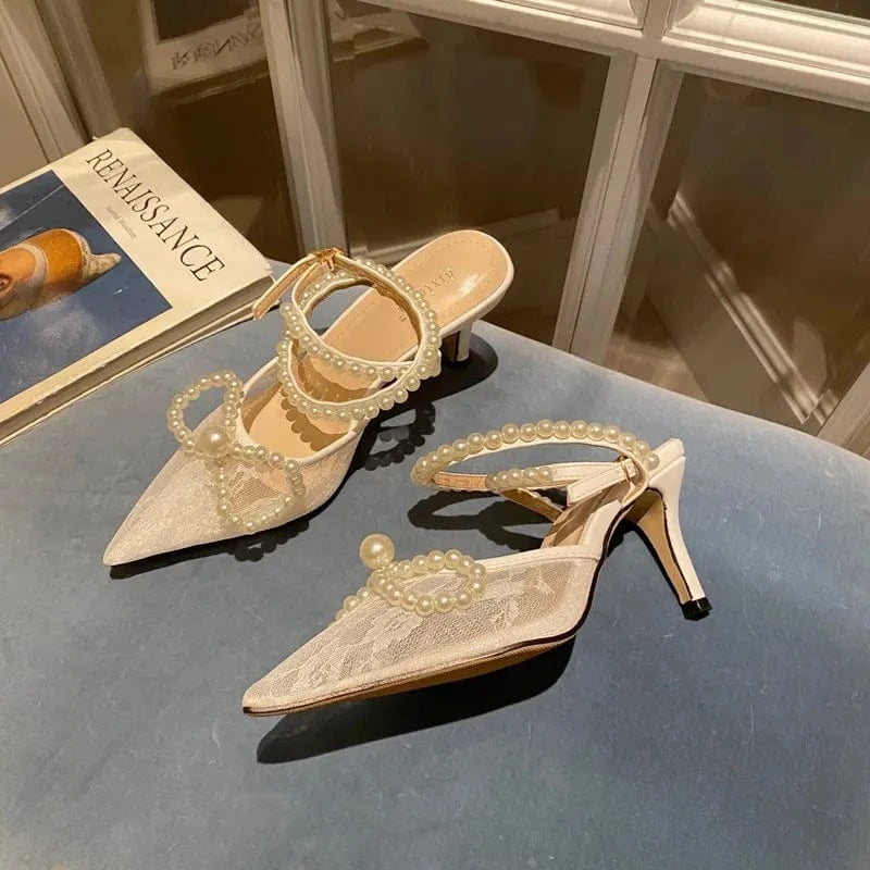 2022 luxury sandals for ladies middle heels mesh net newest pearl lace up large bowknot shoes open back shoes