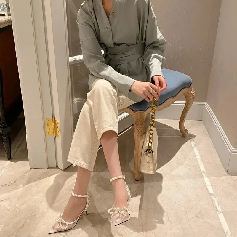 2022 luxury sandals for ladies middle heels mesh net newest pearl lace up large bowknot shoes open back shoes