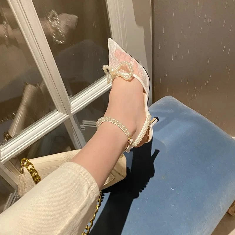 2022 luxury sandals for ladies middle heels mesh net newest pearl lace up large bowknot shoes open back shoes