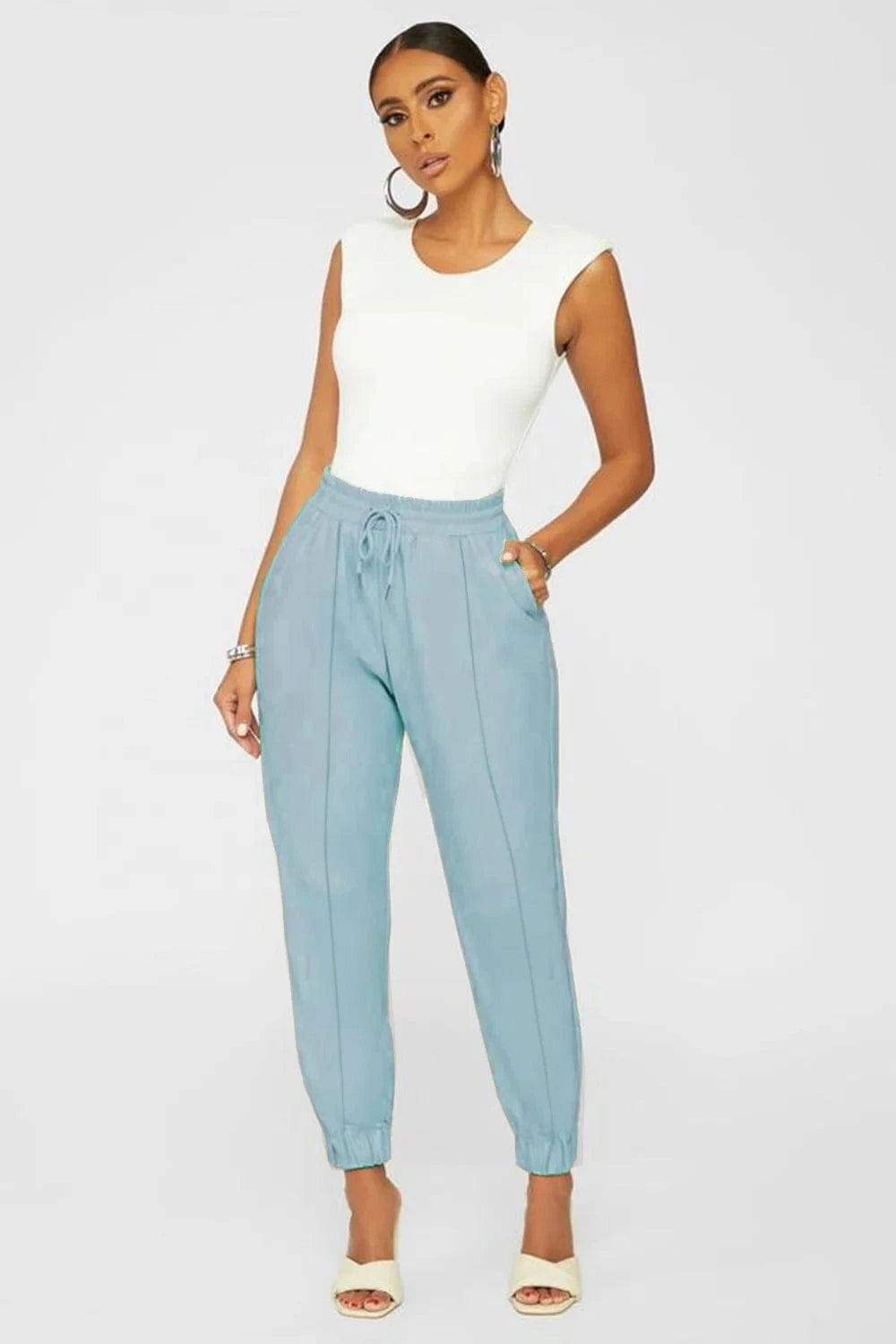 2022 New Arrivals Solid Color High Waist Drawstring Elastic Waist Women PU Leather Ankle Banded Pants