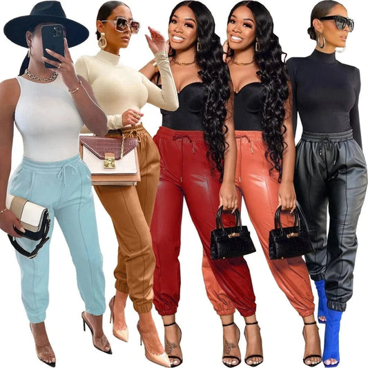 2022 New Arrivals Solid Color High Waist Drawstring Elastic Waist Women PU Leather Ankle Banded Pants
