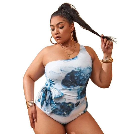 2022 New Design One Piece Swimsuit Plus Size Single Shoulder Swimwear 4x Bow Tie High Cut Leg Printed Beachwear for Fat Women