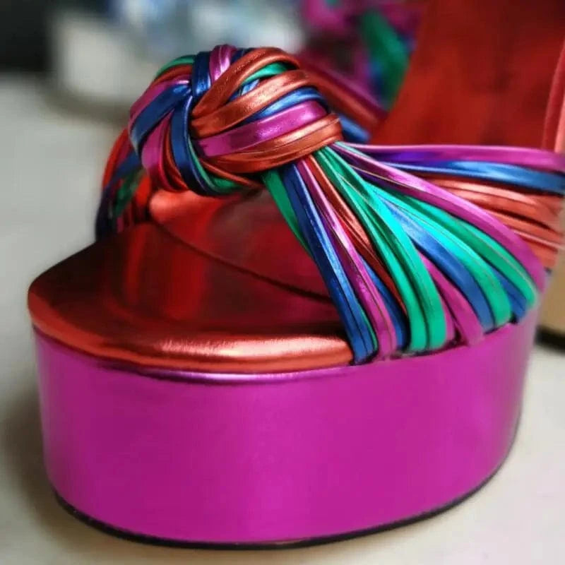 2022 New Summer Sexy Women's Sandals Mixed color Tie a knot Thick High Heel Platform Shoes Silver Zapatos Mujer Big Size 34-44