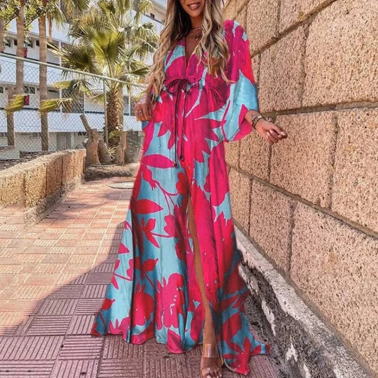 2022 new Vestido Long Sleeve ladies Loose peplum women fashion elegant chiffon Floral Boho Beach clothing Maxi Casual dress