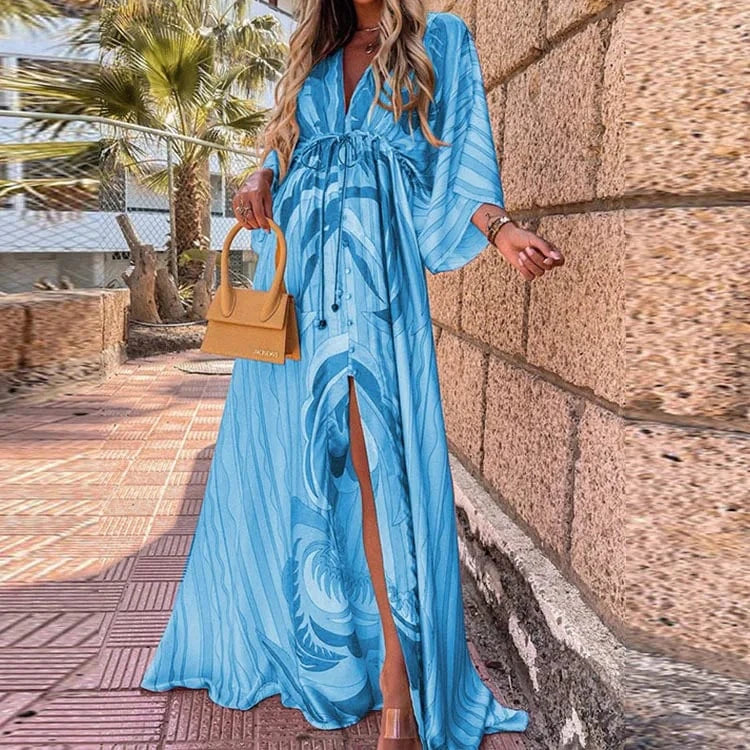 2022 new Vestido Long Sleeve ladies Loose peplum women fashion elegant chiffon Floral Boho Beach clothing Maxi Casual dress
