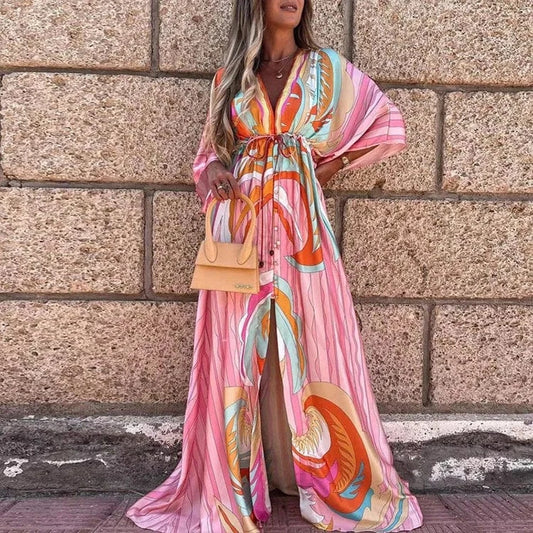 2022 new Vestido Long Sleeve ladies Loose peplum women fashion elegant chiffon Floral Boho Beach clothing Maxi Casual dress