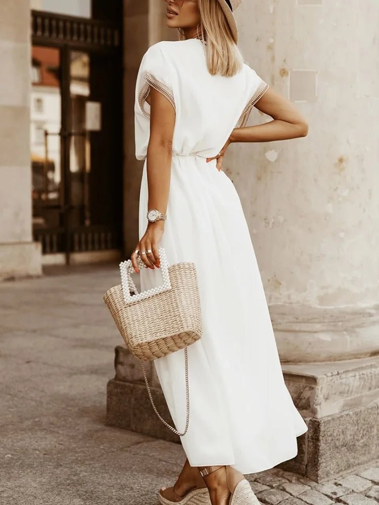 2022 New Women Deep V - Neck Loungewear Mini Dress Summer Solid Short Sleeve Ladies Party Dress Simple Lace - Up Streetwear Vestidos - SN Wigs & More