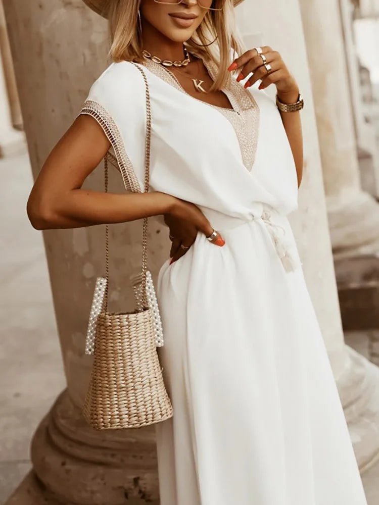 2022 New Women Deep V - Neck Loungewear Mini Dress Summer Solid Short Sleeve Ladies Party Dress Simple Lace - Up Streetwear Vestidos - SN Wigs & More