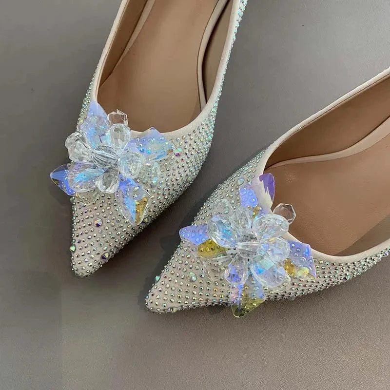 2022 Sexy Female Wedding Banquet Stilettos Pumps Fashion Women Point Toe Crystal Flower Sandals