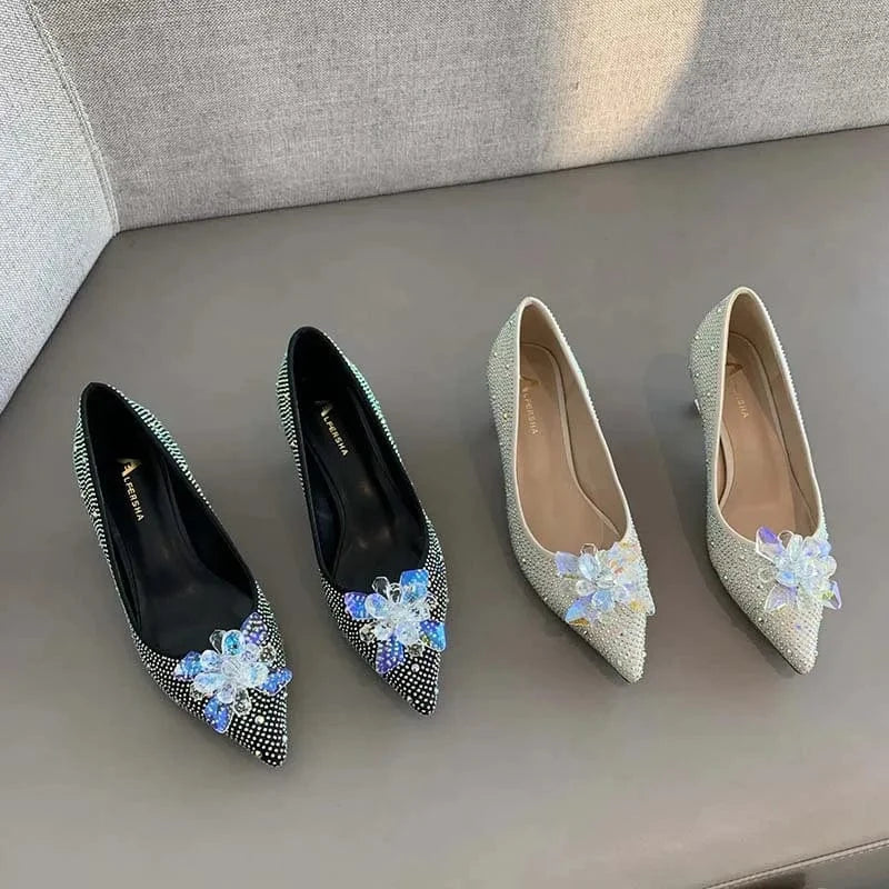 2022 Sexy Female Wedding Banquet Stilettos Pumps Fashion Women Point Toe Crystal Flower Sandals