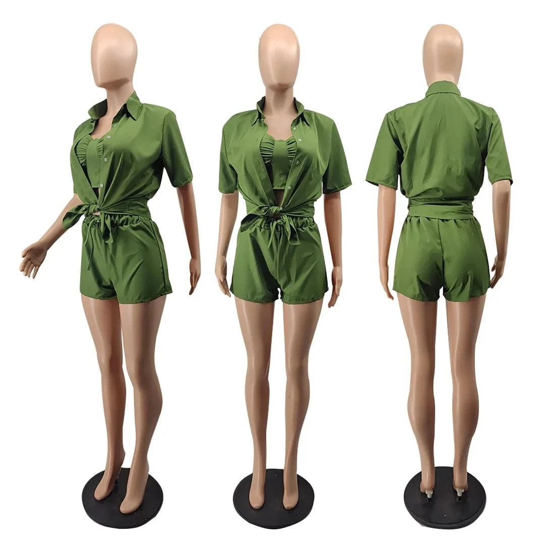 2022 Summer Clothing Cute Shirt  3 Piece Short Set Womens Short Solid Three Piece set  for Ladies Trendy outfits with Chest