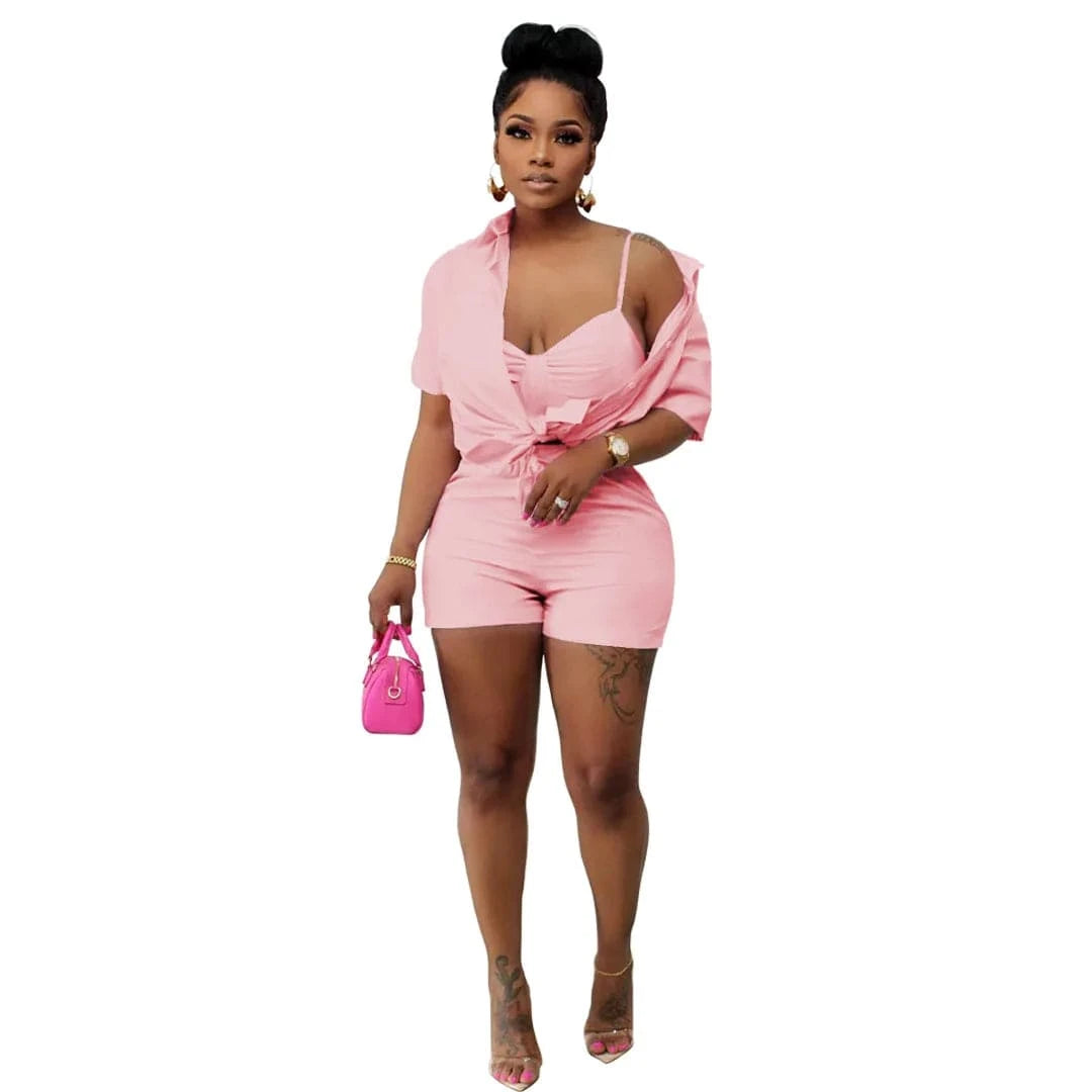 2022 Summer Clothing Cute Shirt  3 Piece Short Set Womens Short Solid Three Piece set  for Ladies Trendy outfits with Chest
