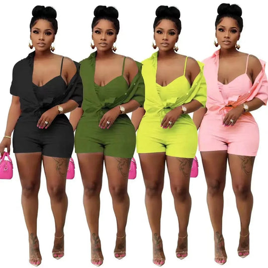 2022 Summer Clothing Cute Shirt  3 Piece Short Set Womens Short Solid Three Piece set  for Ladies Trendy outfits with Chest