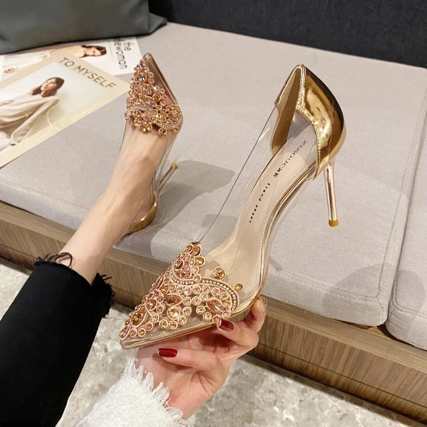 2022 summer factory made high quality women's high heels stiletto gold transparent gorgeous heels sandals for women