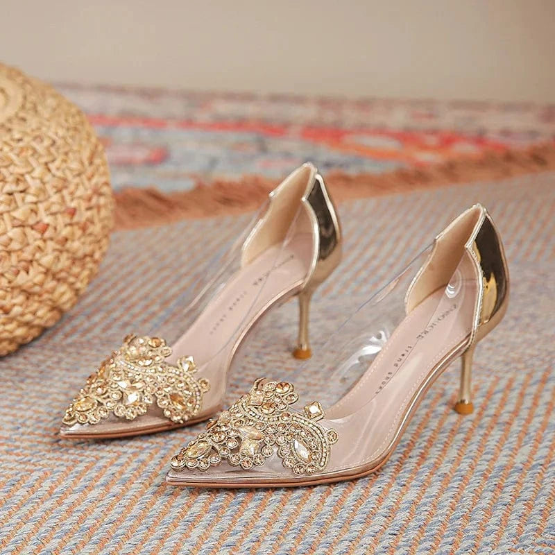 2022 summer factory made high quality women's high heels stiletto gold transparent gorgeous heels sandals for women