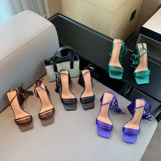 2022 summer new women's shoes triangle chunky high heels 35-42 yards cross strap sandals women