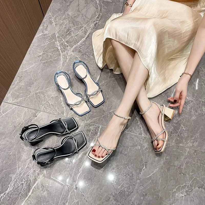 2022 Summer Sexy One-word Buckle Mid Heel Shoes Fairy Style Women Rhinestone Sandal Block Heel