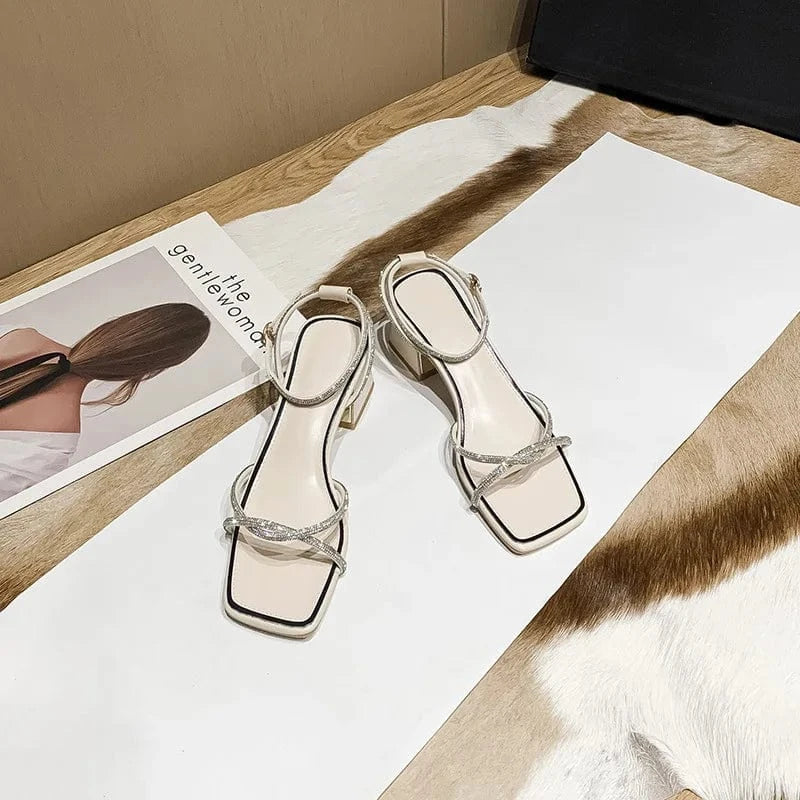 2022 Summer Sexy One-word Buckle Mid Heel Shoes Fairy Style Women Rhinestone Sandal Block Heel