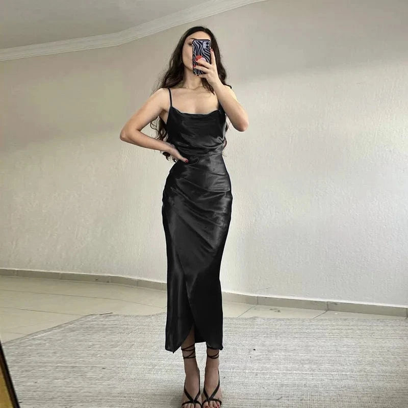 2022 Summer Sexy Sorority Clothing Low-cut Slit Suspender Dress New Slim Backless Satin Dress