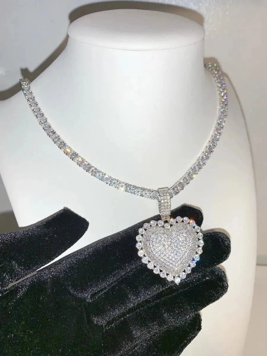 2022 Valentine's Day gift 5A cubic zirconia cz tennis cuban link chain iced out heart pendant necklace