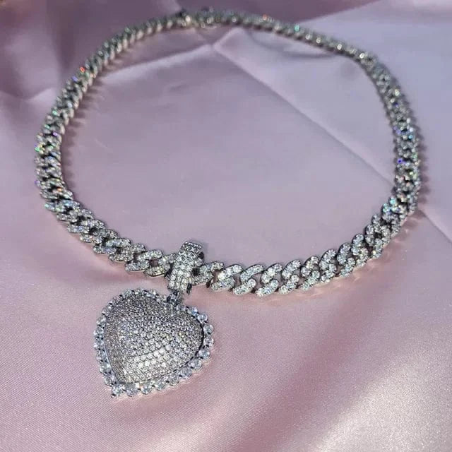 2022 Valentine's Day gift 5A cubic zirconia cz tennis cuban link chain iced out heart pendant necklace