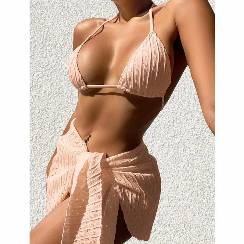 2023 3pcs Bikini Set Glistening Swimsuit Bikini with Cover Up Dress Girls Swim Bathing Suit Beach Wear