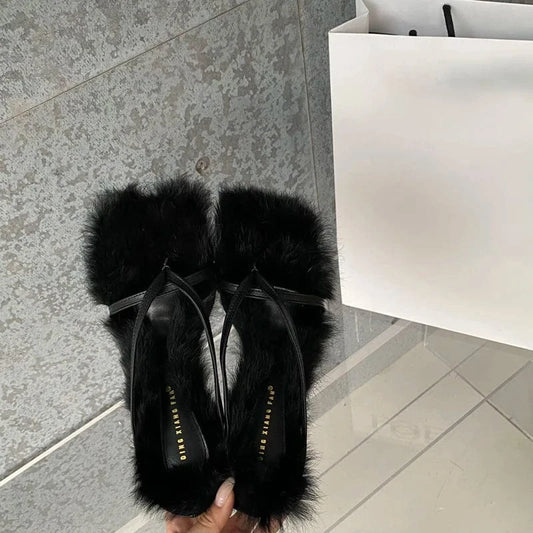 2023 Autumn Fairy Style Plush Shoes Women's Slim Heel Sandals Slim Strap High Heel Open Toe Fashion Women's Shoes