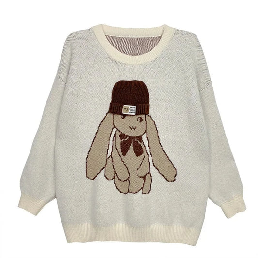 2023 Autumn New Arrival Fashionable Women New Arrival Crew Neck Long Sleeve Oversize Cartoon Rabbit Print Pullover Sweater
