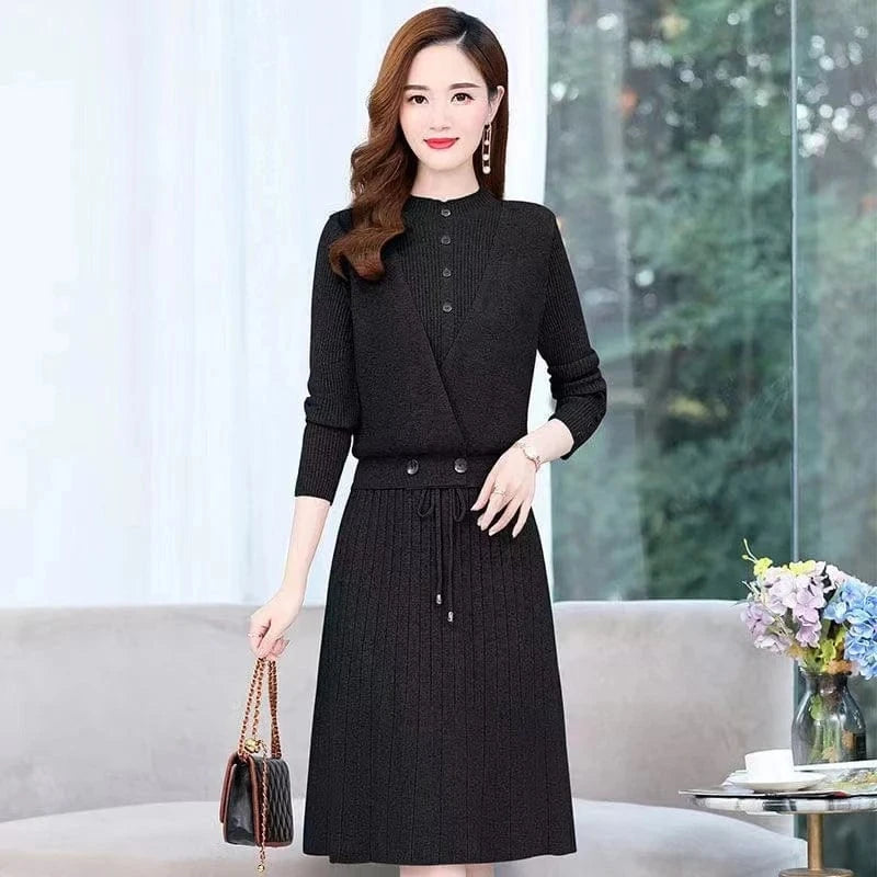 2023 autumn new high-quality round neck lotus sleeve fashion women slimming solid color knit dress