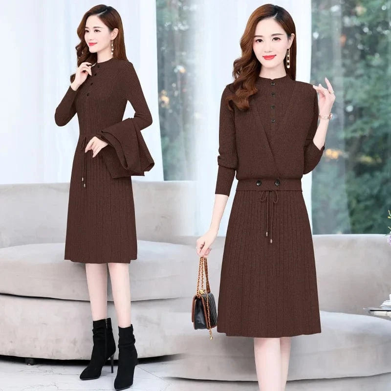 2023 autumn new high-quality round neck lotus sleeve fashion women slimming solid color knit dress